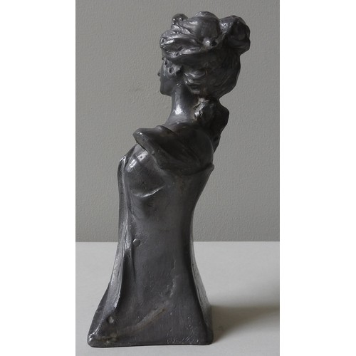 332 - A VINTAGE ART NOUVEAU CAST LEAD BUST OF MAIDEN, entitled 'Marguerite', 25 cm high