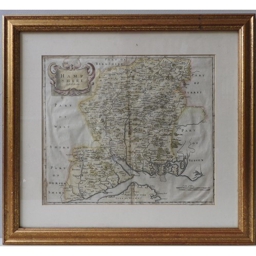 275 - A HAND COLOURED MAP OF HAMPSHIRE BY ROBERT MORDEN, 36 x 42 cm