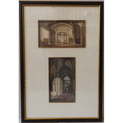 238 - TWO 19TH CENTURY ENGRAVINGS OF CHRIST CHURCH COLLEGE & LITHOGRAPH OF FONTHILL ABBEY INTERIOR SCE... 