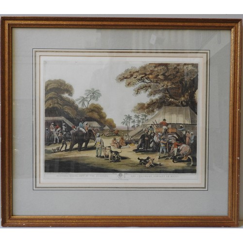 239 - A FRAMED COLOUR LITHOGRAPH OF INDIAN HUNTING PARTY, 34 X 45 cm