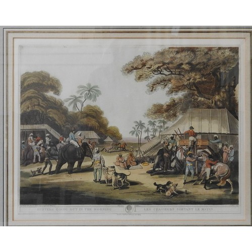 239 - A FRAMED COLOUR LITHOGRAPH OF INDIAN HUNTING PARTY, 34 X 45 cm