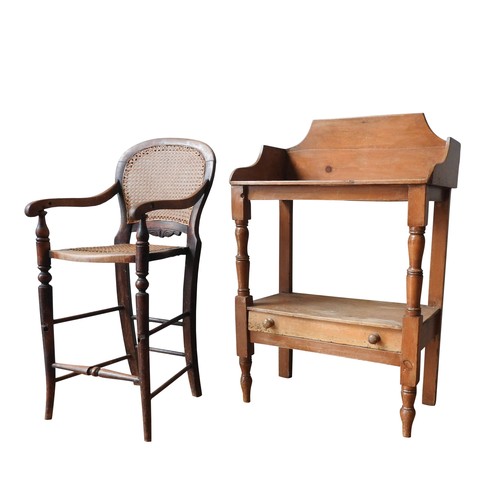 63 - A VICTORIAN PINE WASH STAND AND A CHILD'S CANE SEAT HIGH CHAIR