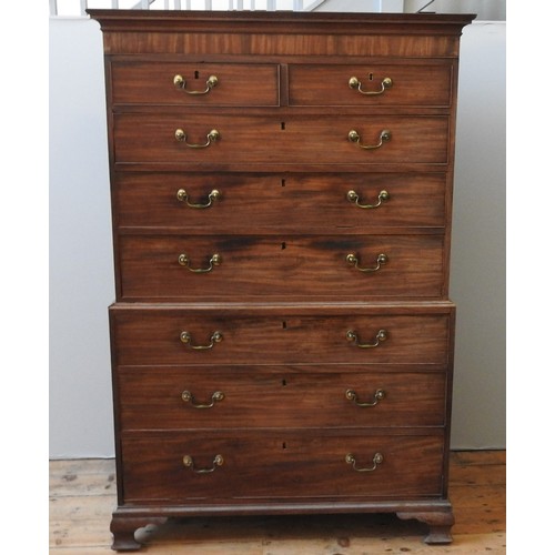 75 - A GEORGE III MAHOGANY CHEST ON CHEST, the top section comprising of two short drawers over three lon... 