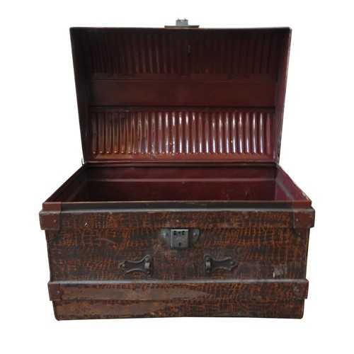 77 - A VINTAGE DOME TOP TIN TRAVEL TRUNK, painted in a crocodile skin effect, 48.5 x 69 x 46 cm