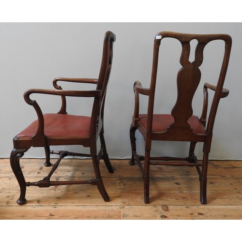 81 - A PAIR OF EARLY 20TH CENTURY MAHOGANY ELBOW CHAIRS, with pierced shaped splats and cabriole legs, un... 