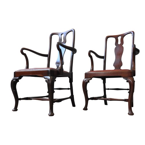 81 - A PAIR OF EARLY 20TH CENTURY MAHOGANY ELBOW CHAIRS, with pierced shaped splats and cabriole legs, un... 