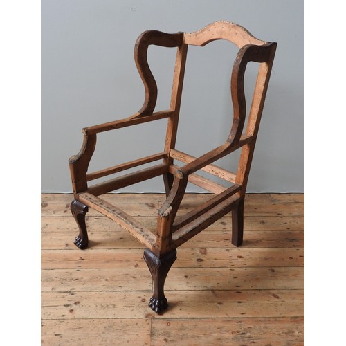 83 - A WING BACK ARMCHAIR FRAME, with claw feet, 118 x 74 x 67 cm