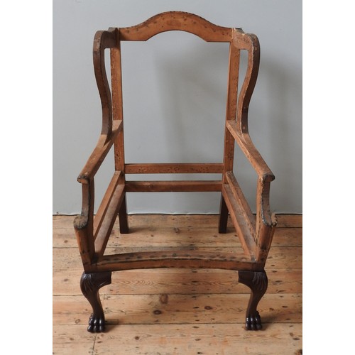 83 - A WING BACK ARMCHAIR FRAME, with claw feet, 118 x 74 x 67 cm