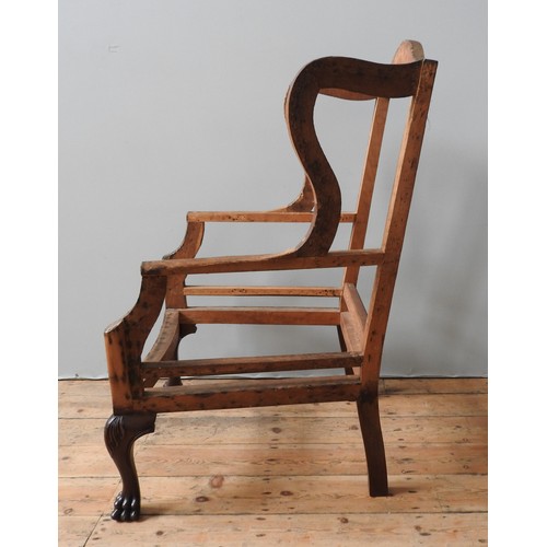 83 - A WING BACK ARMCHAIR FRAME, with claw feet, 118 x 74 x 67 cm