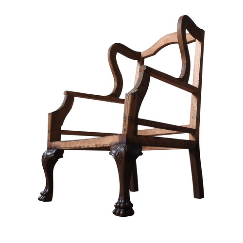 83 - A WING BACK ARMCHAIR FRAME, with claw feet, 118 x 74 x 67 cm