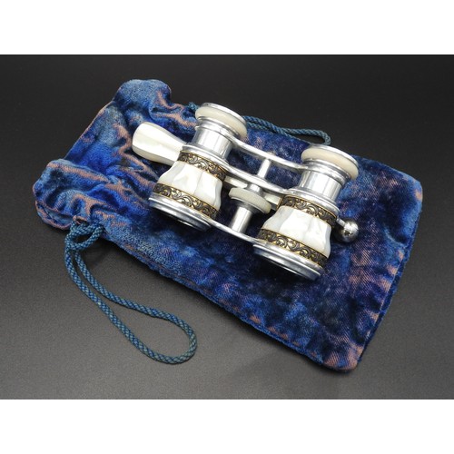 441 - A PAIR OF 19TH CENTURY OPERA GLASSES, made in polished aluminium with mother of pearl veneers and ba... 