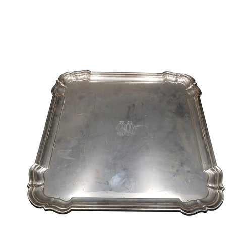 468 - A SQUARE SILVER SALVER, with scroll work decorated edge, Birmingham 1937, maker's mark B.B.S Ld, 31 ... 