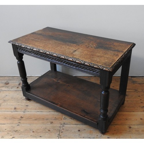 96 - A 17TH CENTURY TWO TIER TABLE, rare form, with later shelf boards, 71 x 105 x 54 cm