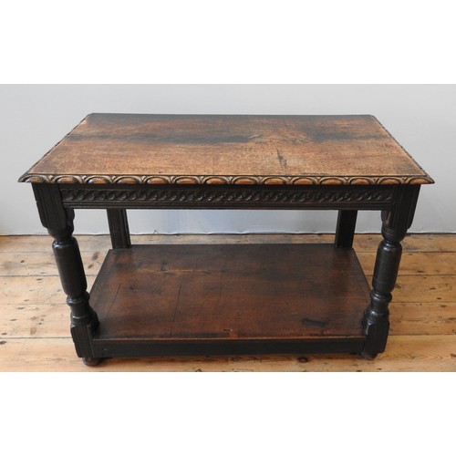 96 - A 17TH CENTURY TWO TIER TABLE, rare form, with later shelf boards, 71 x 105 x 54 cm