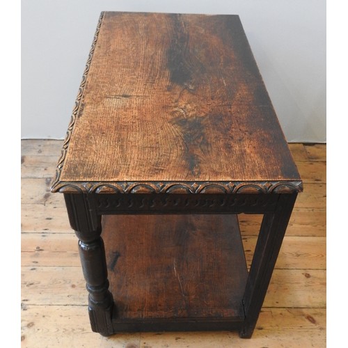 96 - A 17TH CENTURY TWO TIER TABLE, rare form, with later shelf boards, 71 x 105 x 54 cm