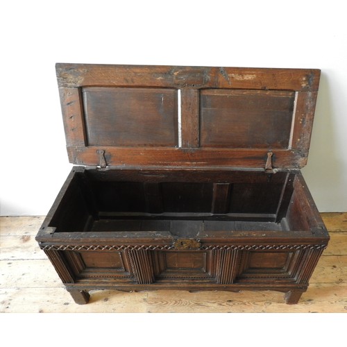 97 - A LATE 16TH CENTURY ELIZABETHAN OAK CARVED AND INLAID CHEST, circa 1590-1600