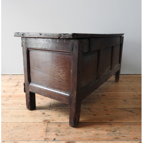 97 - A LATE 16TH CENTURY ELIZABETHAN OAK CARVED AND INLAID CHEST, circa 1590-1600