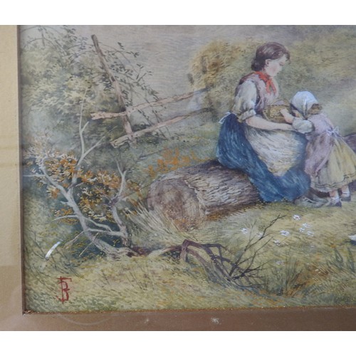 243 - MYLES BIRKET FOSTER, 'SHEPERDESS WITH CHILDREN', watercolour on paper, signed with red 'B F' monogra... 