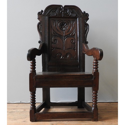 118 - A CHARLES II OAK ARMCHAIR, Yorkshire, possibly Leeds, 108 x 56 x 42 cm