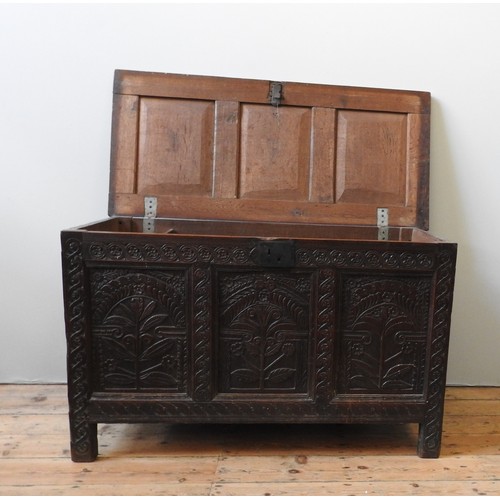 119 - A RARE 17TH CENTURY WEST COUNTRY CARVED OAK CHEST, circa 1650, 79 x 132 x 61 cm