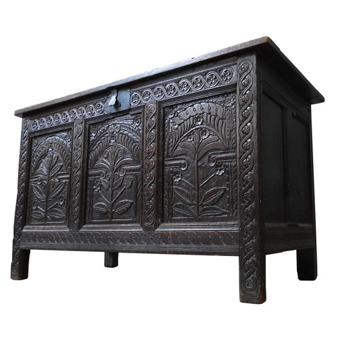 119 - A RARE 17TH CENTURY WEST COUNTRY CARVED OAK CHEST, circa 1650, 79 x 132 x 61 cm