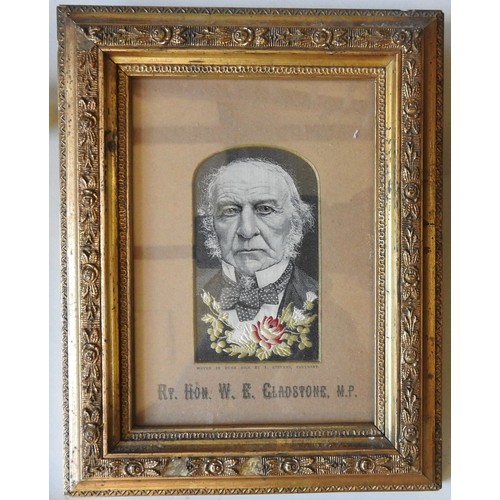 244 - A FRAMED STEVENGRAPH OF THE RIGHT HONORABLE W. E. GLADSTONE, MP., a Victorian light box picture with... 