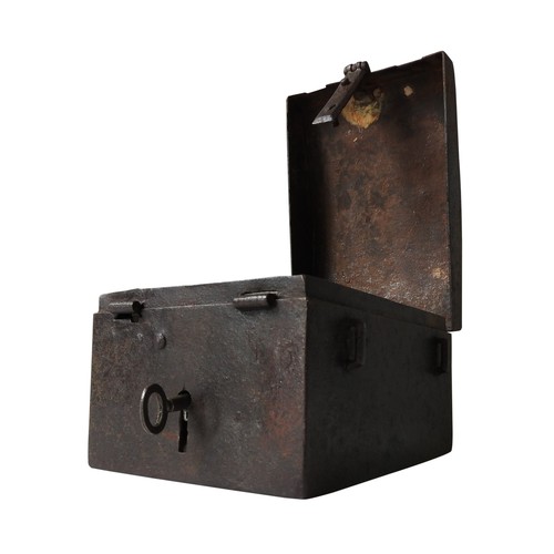 308 - A RARE 16TH CENTURY WROUGHT-IRON MISSAL BOX, with key