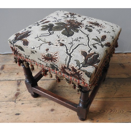 129 - A 17TH CENTURY JOINED OAK STOOL, ( triple , 42 x 39 x 39 cm