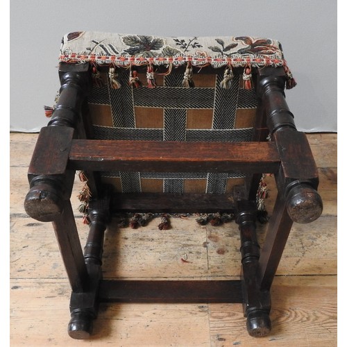 129 - A 17TH CENTURY JOINED OAK STOOL, ( triple , 42 x 39 x 39 cm