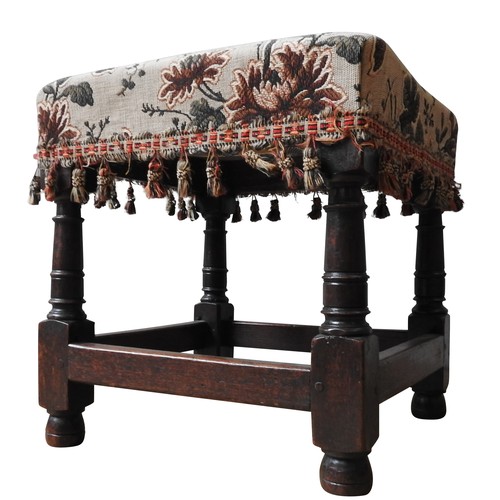 129 - A 17TH CENTURY JOINED OAK STOOL, ( triple , 42 x 39 x 39 cm