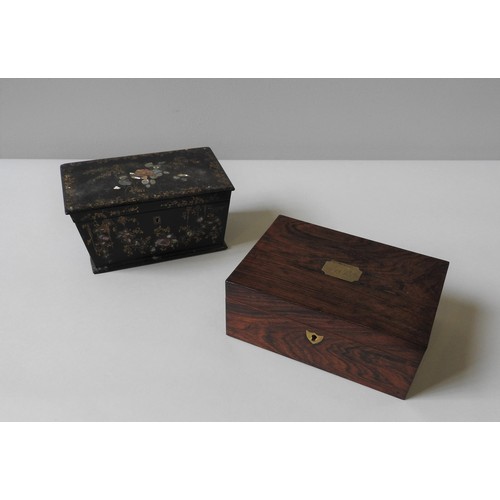 300 - A VICTORIAN PAPIER MACHE TWO DIVISION TEA CADDY and a Victorian rosewood box with inset brass plaque... 