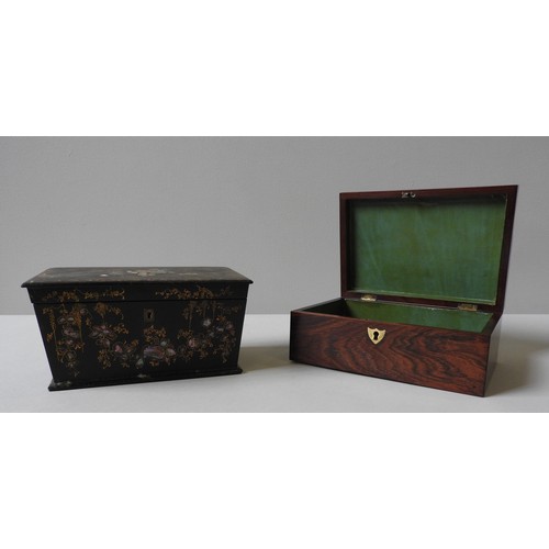 300 - A VICTORIAN PAPIER MACHE TWO DIVISION TEA CADDY and a Victorian rosewood box with inset brass plaque... 