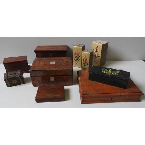 301 - A VICTORIAN WALNUT SEWING BOX, A SMALL ROSEWOOD INSTRUMENT BOX AND VARIOUS OTHER BOXES. A lot. 12 x ... 