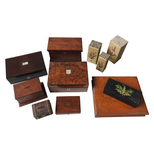 301 - A VICTORIAN WALNUT SEWING BOX, A SMALL ROSEWOOD INSTRUMENT BOX AND VARIOUS OTHER BOXES. A lot. 12 x ... 