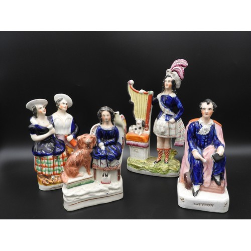 423 - A 19TH CENTURY STAFFORDSHIRE FIGURE OF A SCOTTISH DANCER WITH A HARP AND SPANIEL,  a seated figure o... 