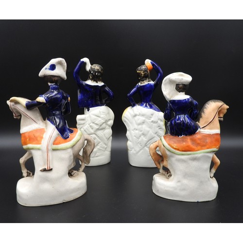 427 - A PAIR OF STAFFORDSHIRE FIGURES OF NAPOLEON III AND EMPRESS EUGENIE ON HORSEBACK AND A PAIR OF FIGUR... 