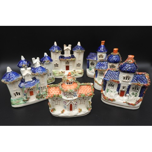 432 - A NEAR PAIR OF VICTORIAN STAFFORDSHIRE COTTAGES, another near pair and three others. 15 cms max.