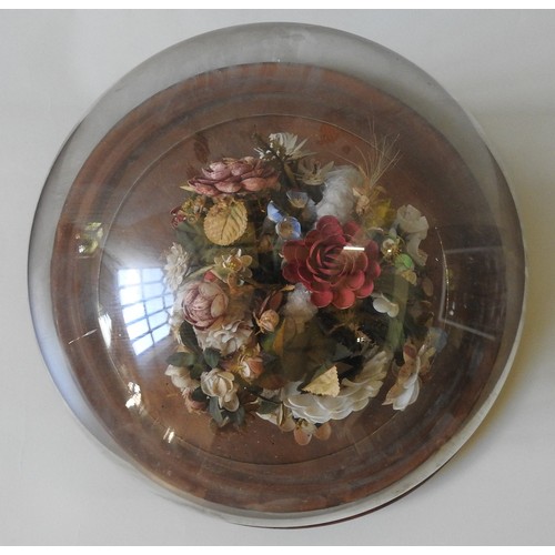 315 - A VICTORIAN SHELL WORK FLORAL CENTREPIECE, in a Quartz crystal basket, on a wooden stand with associ... 