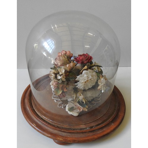 315 - A VICTORIAN SHELL WORK FLORAL CENTREPIECE, in a Quartz crystal basket, on a wooden stand with associ... 