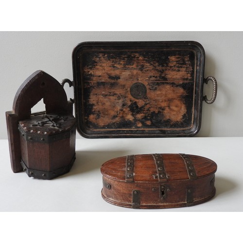 303 - A 19TH CENTURY OAK CHURCH COLLECTION BOX, OVAL COPPER BANDED BOX AND WOODEN TRAY, the collection box... 