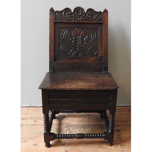 139 - CHARLES II OAK BOX CHAIR, (SEAT NOW FIXED CLOSED)