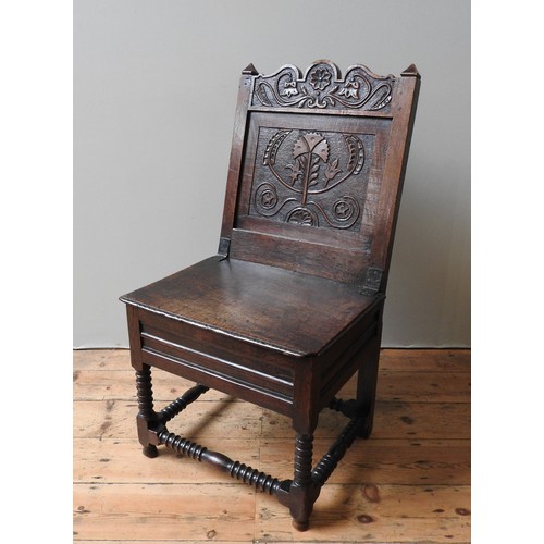 139 - CHARLES II OAK BOX CHAIR, (SEAT NOW FIXED CLOSED)