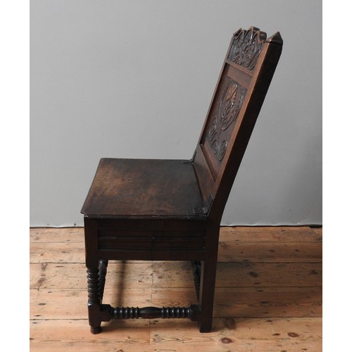 139 - CHARLES II OAK BOX CHAIR, (SEAT NOW FIXED CLOSED)