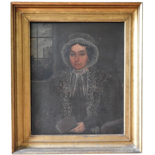 266 - ENGLISH SCHOOL, PORTRAIT OF A VICTORIAN LADY, a crenellated tower visible through a window, oil on c... 