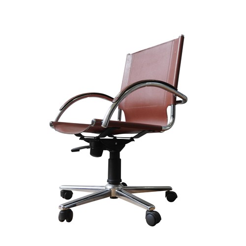 131 - A LEATHER SWIVEL CHAIR, with down swept arms