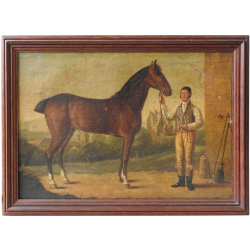 265 - ENGLISH SCHOOL,  A CHESTNUT HORSE AND STABLE HAND, 19th century, oil on canvas, unsigned but with in... 