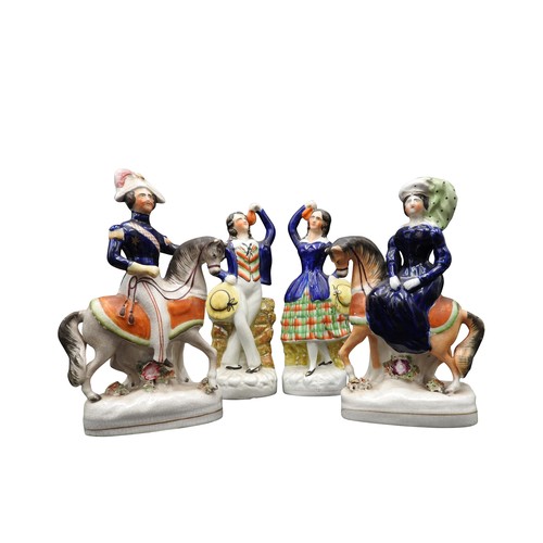 427 - A PAIR OF STAFFORDSHIRE FIGURES OF NAPOLEON III AND EMPRESS EUGENIE ON HORSEBACK AND A PAIR OF FIGUR... 