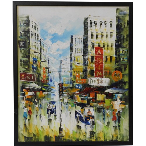 271 - AN OIL PAINTING ON CANVAS OF VIBRANT STREET SCENE, unsigned, 60 x 49 cm