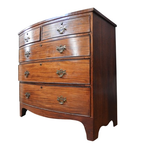 138 - A GEORGE III MAHOGANY BOW FRONT CHEST OF FIVE DRAWERS, comprising of two short drawers over three lo... 