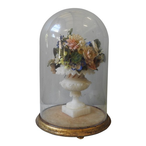 313 - A VICTORIAN SHELLWORK FLORAL CENTREPIECE IN GLASS DOME, the ornately painted flowers in a pale soaps... 